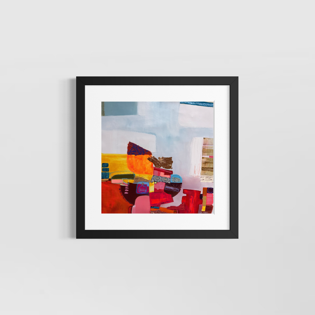 Lau Blou, L’élixir caché, acrylic paint, fabric, and gold leaf on canvas, 14 x 14 inches, shown in a white 17 x 17 inch mat and black frame on a light grey wall. Abstract painting of red, orange, and yellow blocks on pale blue.