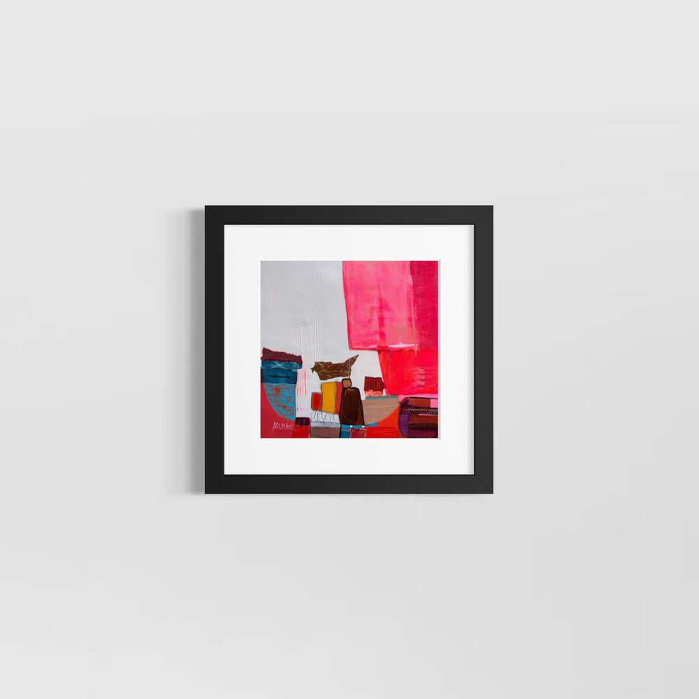 Lau Blou, L’homme caché, acrylic paint, fabric, and gold leaf on canvas, 10 x 10 inches, shown in a white 12 x 12 inch mat and black frame on a light grey wall. Abstract painting of small colored blocks beside a large pink panel.