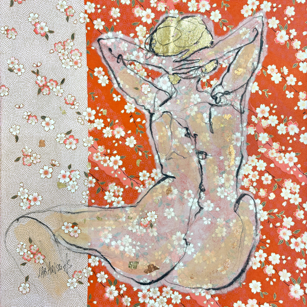 woman back facing figure hands behind head gold foil collage on red and white floral japanese paper