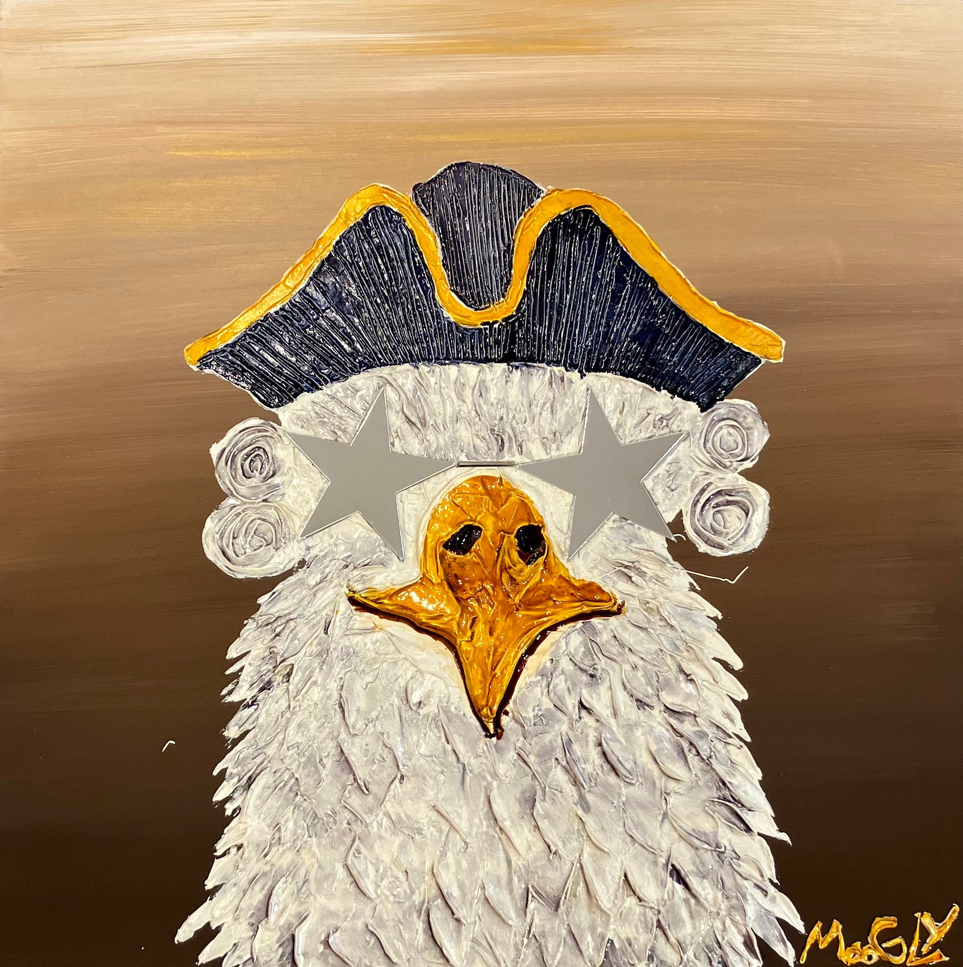 Lafayette by Moogly — semi-abstract humanimal portrait of a bird wearing a colonial tricorn hat and star-shaped glasses, acrylic, resin and collage on cardboard, 14x14 inches, Morton Contemporary