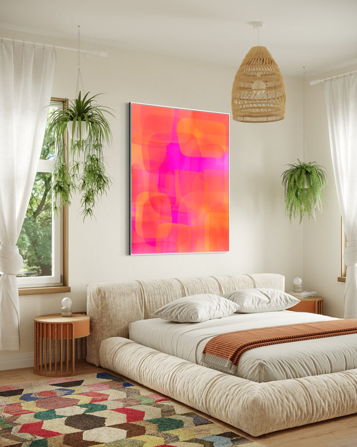 Geometric Abstract layering of transparent resin colors of red orange with pink in organic rectangular square shapes overlapping 