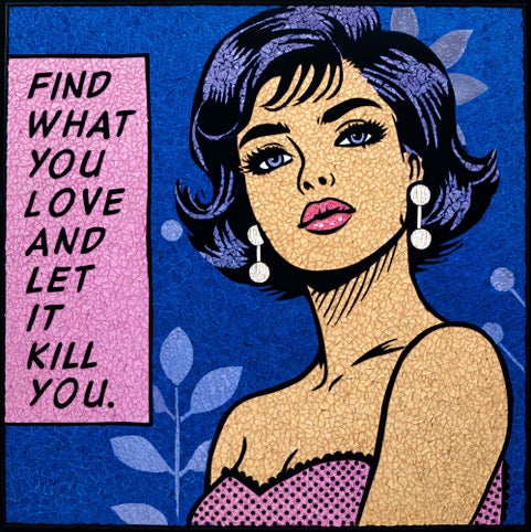 woman figure with short black hair and pink lips wearing pink polka dot dress, pink text bubble on blue stained glass background in comic style pop retro vintage