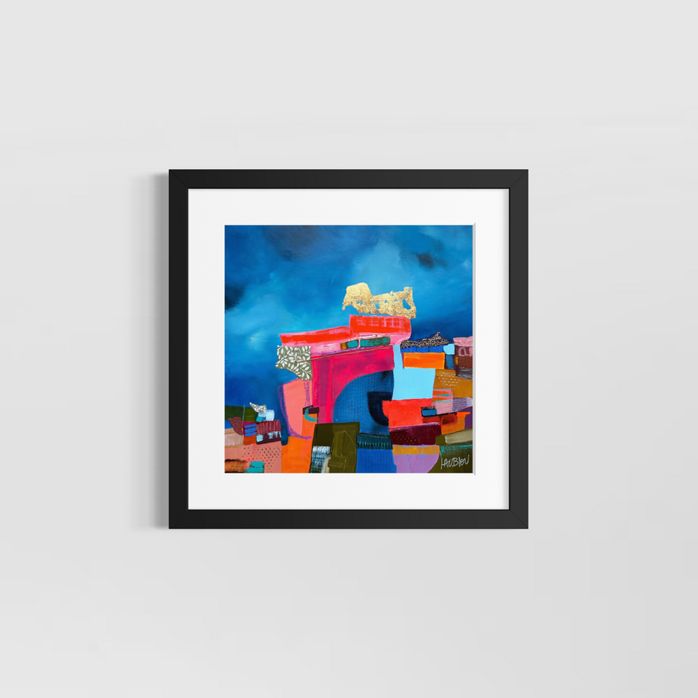 Lau Blou, Le pont des larmes, acrylic paint, fabric, and gold leaf on canvas, 14 x 14 inches, shown in a white 17 x 17 inch mat and black frame on a light grey wall. Abstract painting of a pink arch and stacked blocks under deep blue.