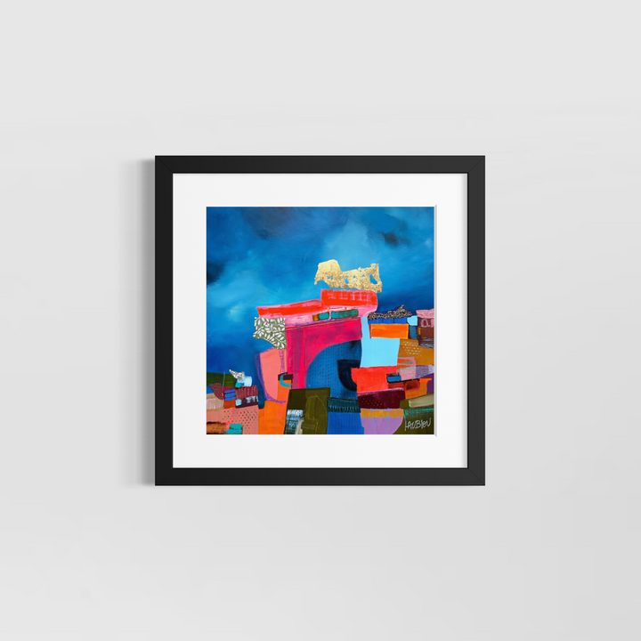 Lau Blou, Le pont des larmes, acrylic paint, fabric, and gold leaf on canvas, 14 x 14 inches, shown in a white 17 x 17 inch mat and black frame on a light grey wall. Abstract painting of a pink arch and stacked blocks under deep blue.