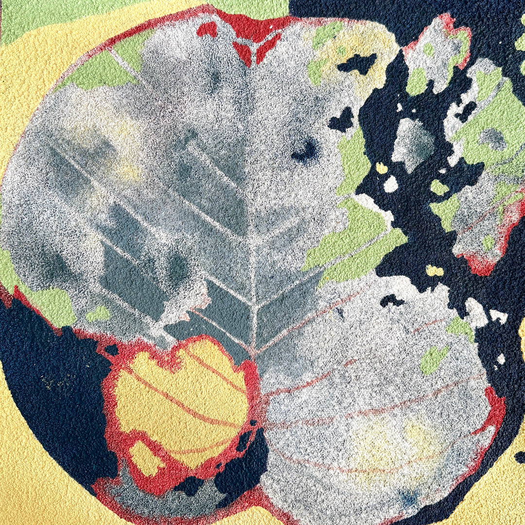 abstract decomposition of lily pad organic plant in blue yellow green and red in oil on pumice textured surface