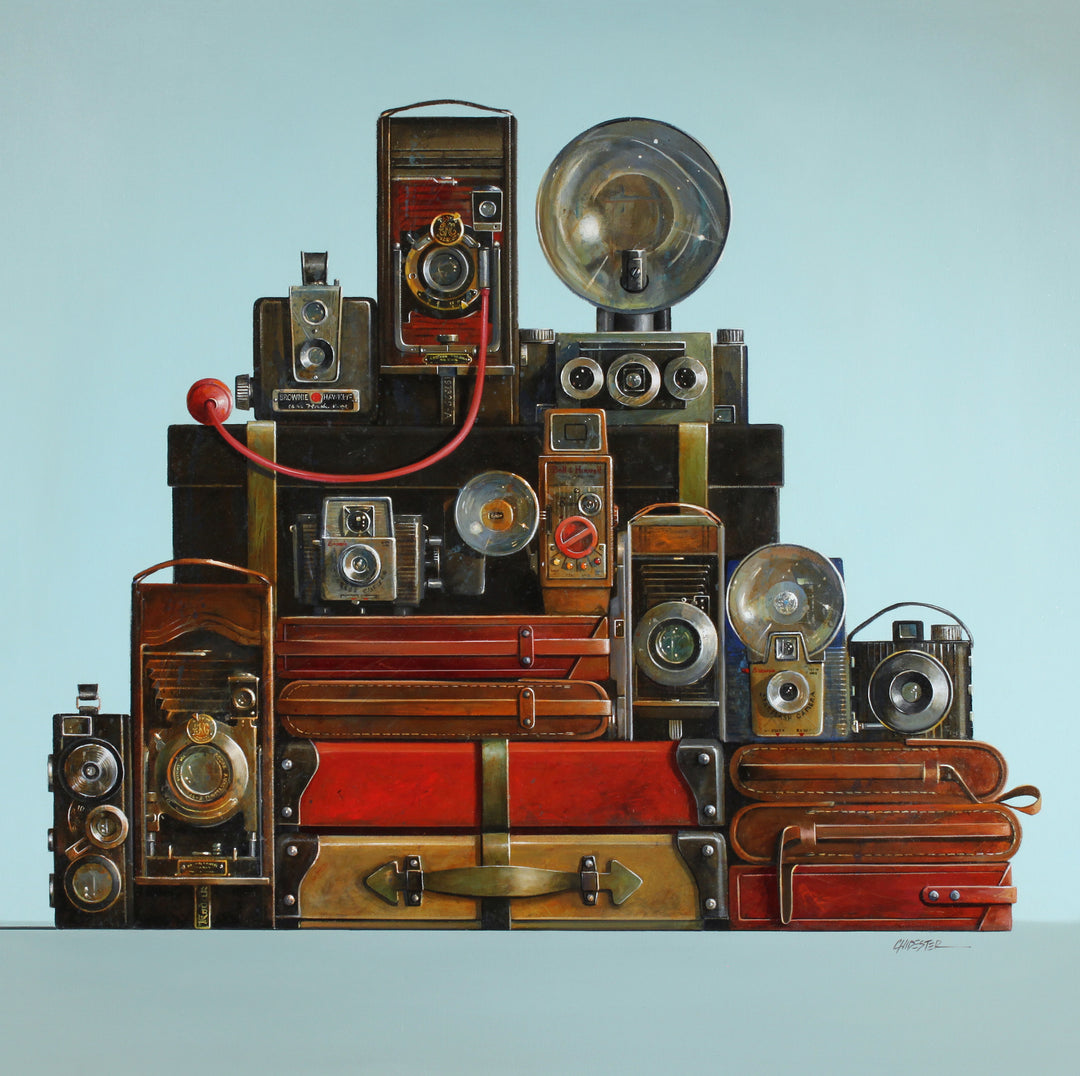 Realistic painting of a collection of vintage cameras and suitcases. 40"X40" oil on canvas. Minimalist light blue background.
