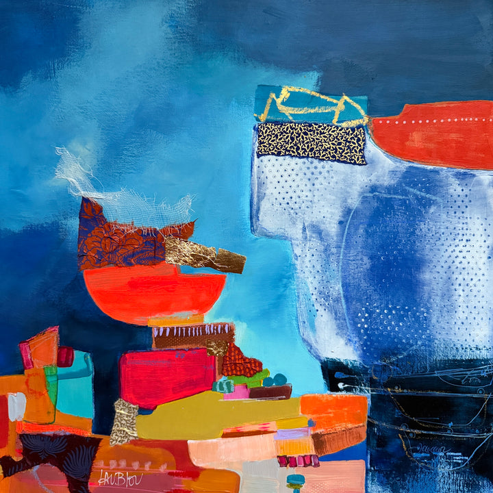 Lau Blou, Les deux barques, acrylic paint, fabric, and gold leaf on canvas, 14 x 14 inches. Two orange-red boat-like shapes topped with patterned fabric and gold leaf pieces above a row of small orange, red, and yellow blocks, set against a blue background with white dotted textured areas.
