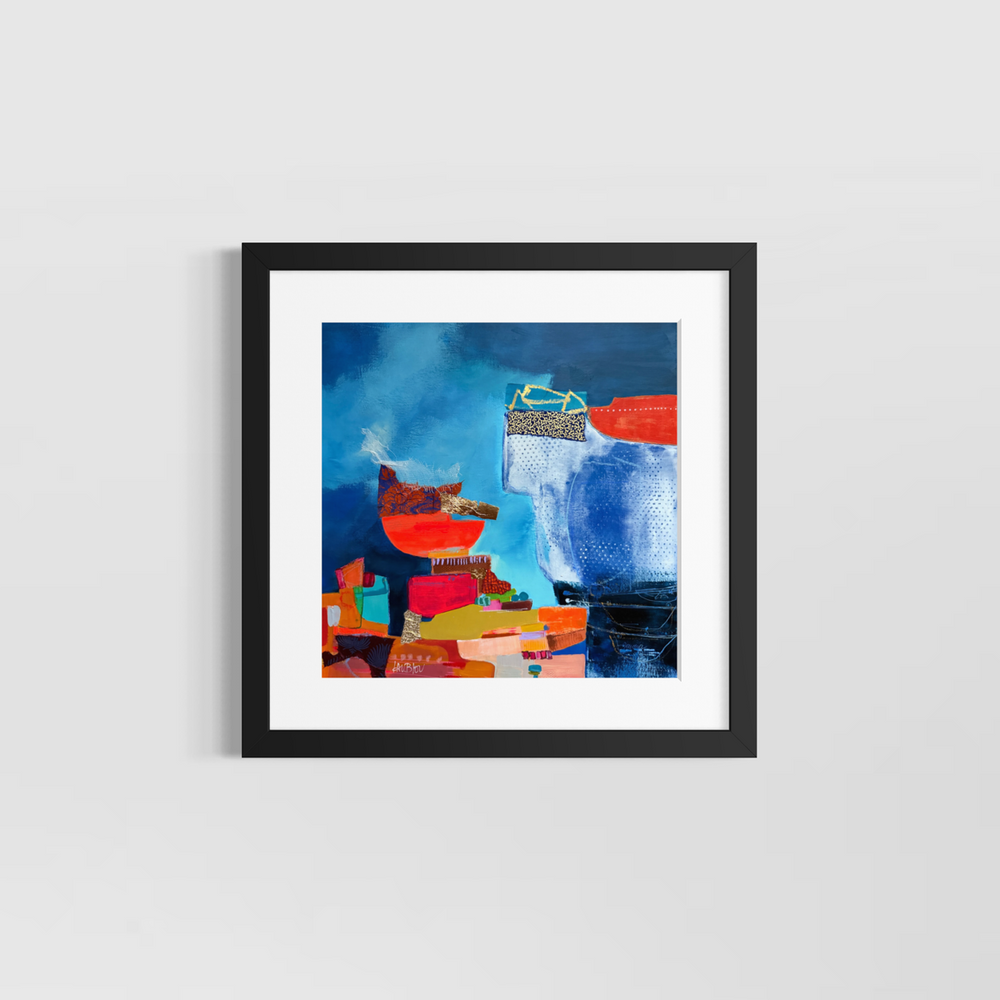 Lau Blou, Les deux barques, acrylic paint, fabric, and gold leaf on canvas, 14 x 14 inches, shown in a white 17 x 17 inch mat and black frame on a light grey wall. Abstract painting of two orange boat shapes on a blue background.