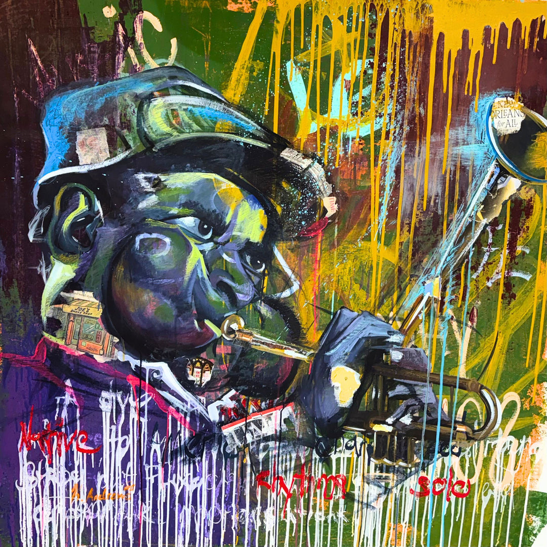 Figurative portrait black man playing trumpet music expressive dripping paint tin yellow purple and green text mixed media