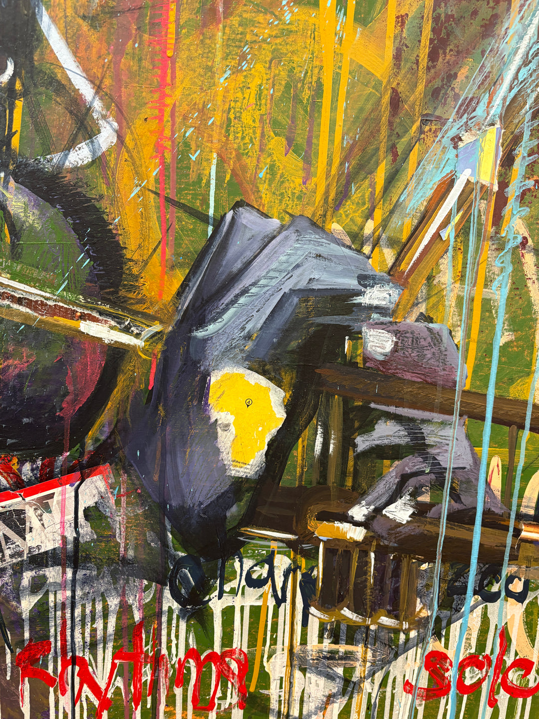 Figurative portrait black man playing trumpet music expressive dripping paint tin yellow purple and green text mixed media