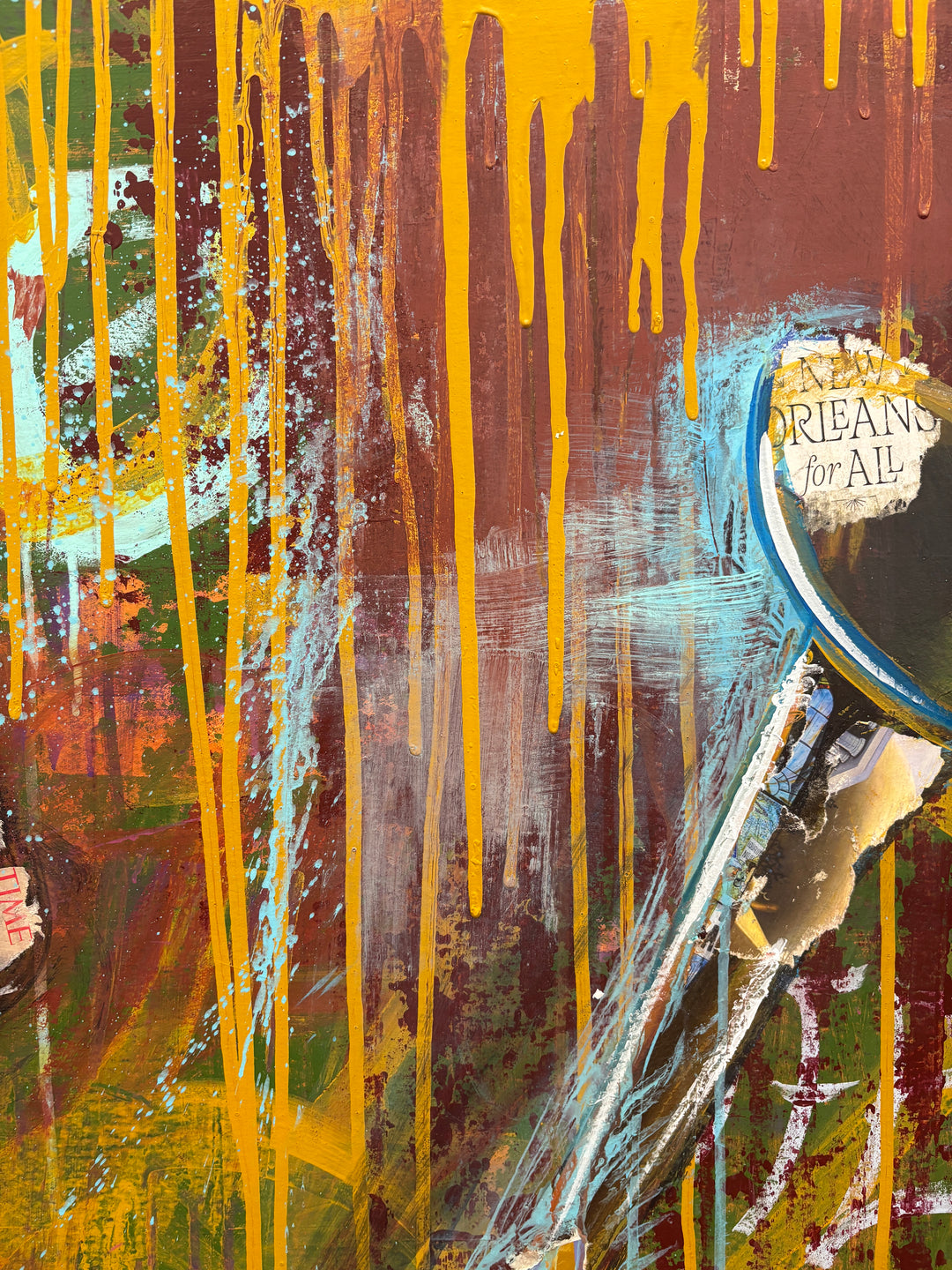 Figurative portrait black man playing trumpet music expressive dripping paint tin yellow purple and green text mixed media