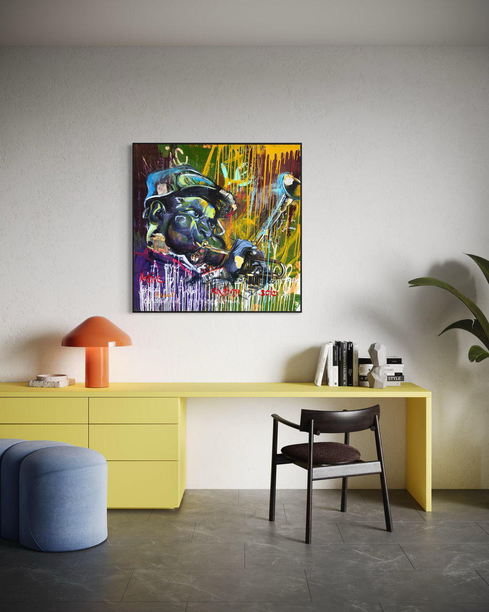Figurative portrait black man playing trumpet music expressive dripping paint tin yellow purple and green text mixed media