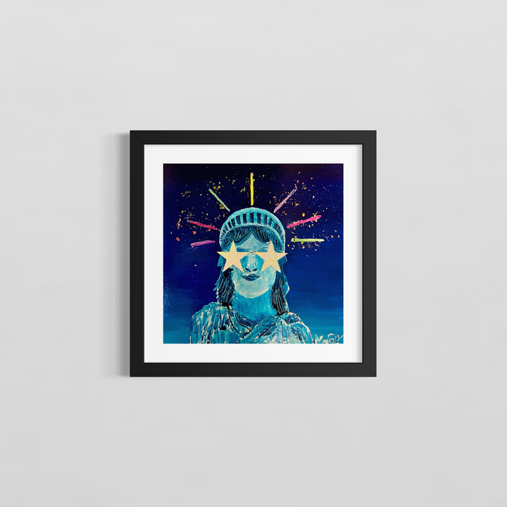 Liberty by Moogly — framed semi-abstract humanimal painting of the Statue of Liberty in a black frame, displayed against a white wall