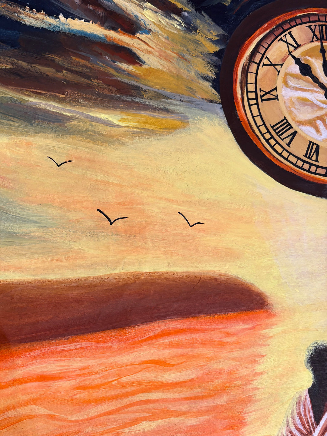 figure man breaking free chains clock sunset and ocean in orange and blues dark acrylic paint 