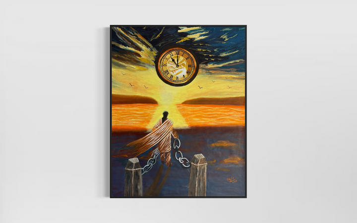 figure man breaking free chains clock sunset and ocean in orange and blues dark acrylic paint 