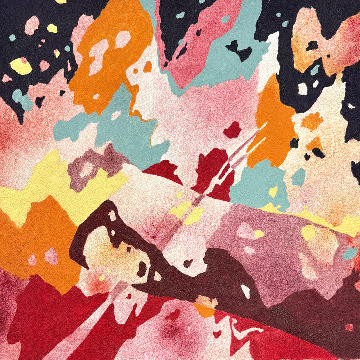 oil on pumice primed canvas abstract organic shapes gradient and opaque fire and log in pink orange red and brown with pops of bright blue 