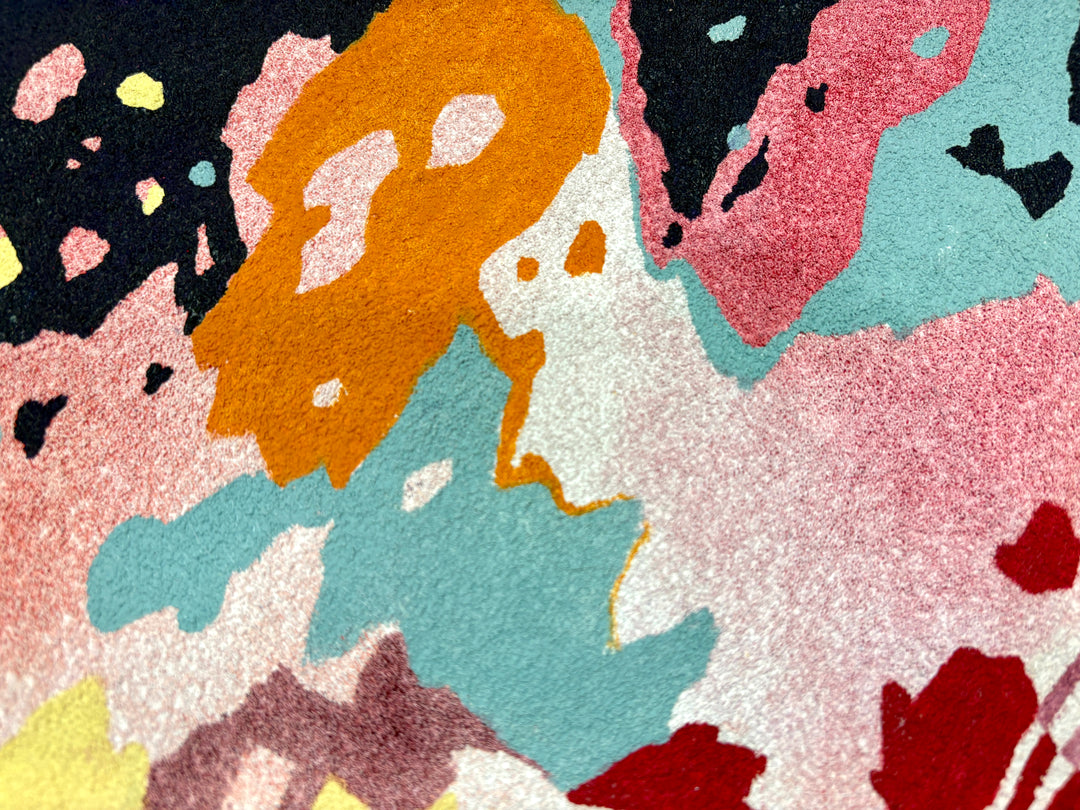 oil on pumice primed canvas abstract organic shapes gradient and opaque fire and log in pink orange red and brown with pops of bright blue 