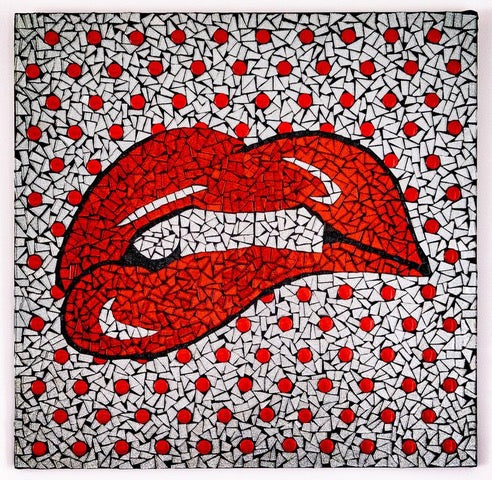 cartoon style teeth biting red lips shiny retro vintage on polka dot red and white background mosaic print