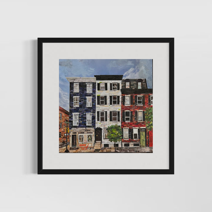 17" x 17" torn paper collage on canvas by Chrissy McIntyre. Artwork of Locust Street rowhomes in Philadelphia, featuring east coast architecture, and brick houses in red, blue and white.