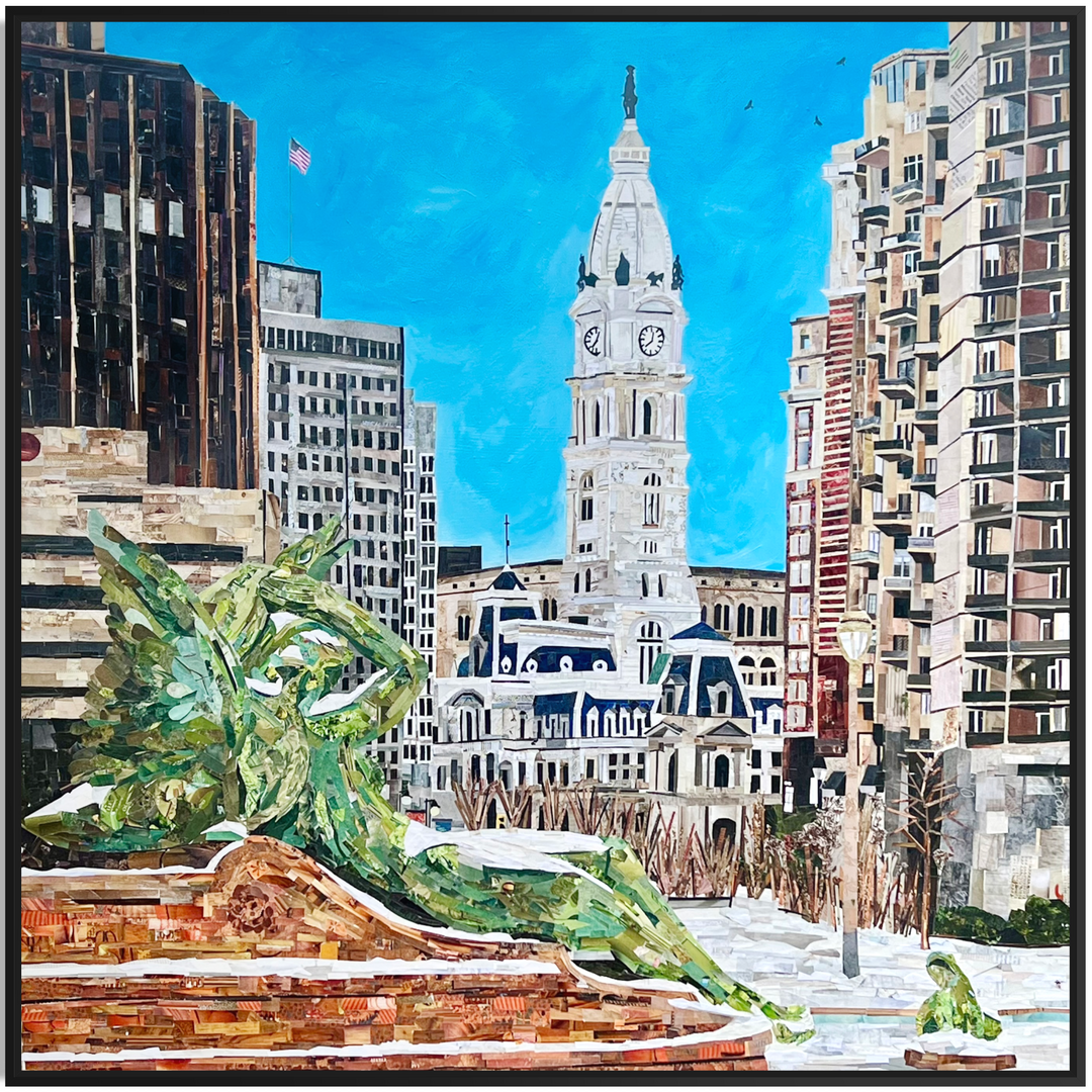 mixed media cut paper collage with magazine acrylic paint texture city hall philadelphia logan square travel landmark landscape urban