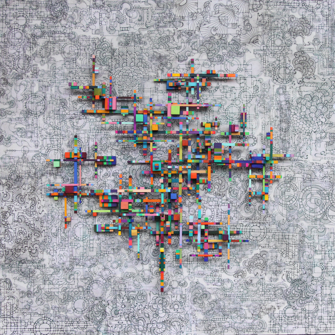 geometric primary color block sticks arranged in pattern set on top of canvas with small detailed geometric round doodle drawings 