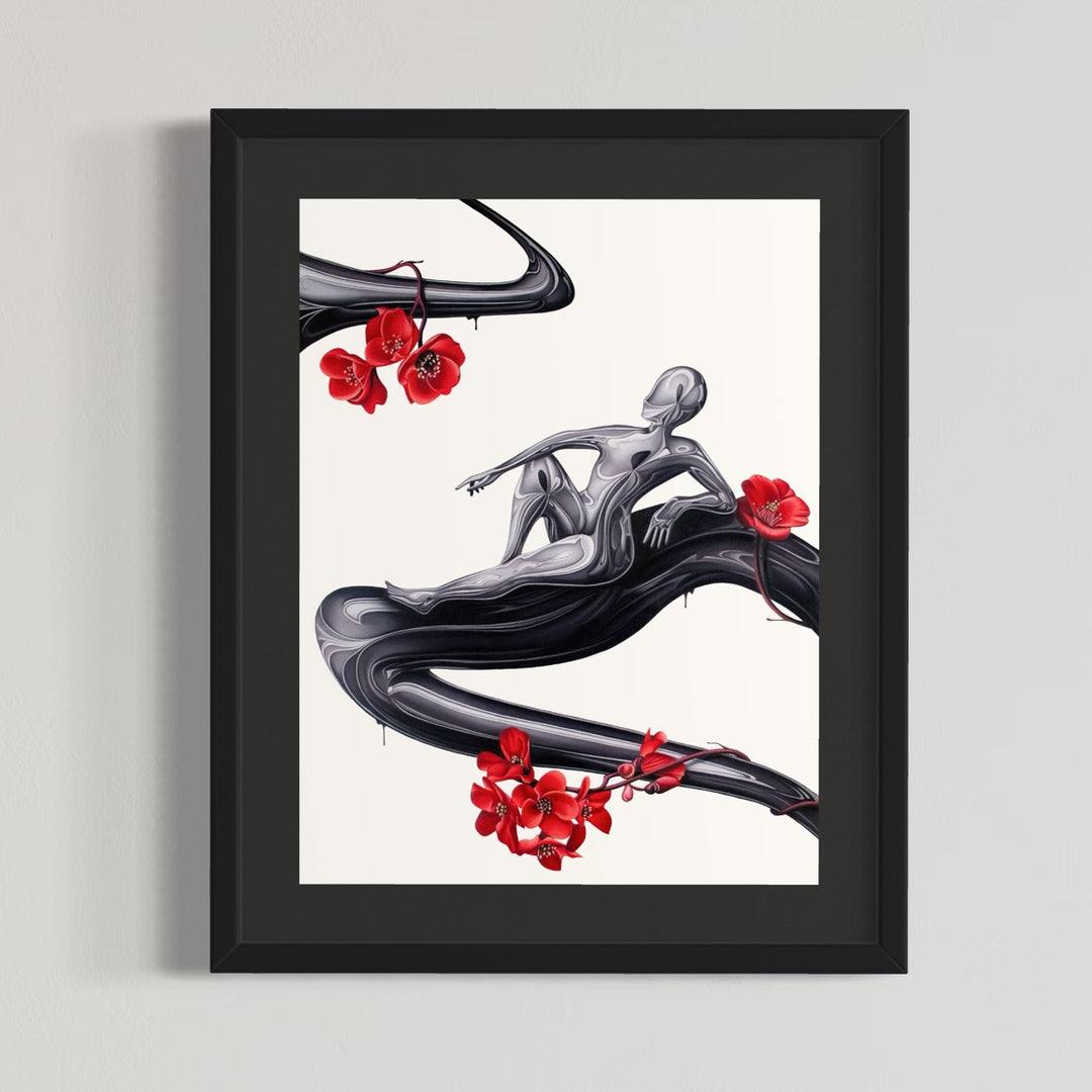 A reflective humanoid figure lounges on a flowing, black, inky structure with red cherry blossoms surrounding them, on a stark white background. Hand drawn artwork done with pencil and marker on paper.
