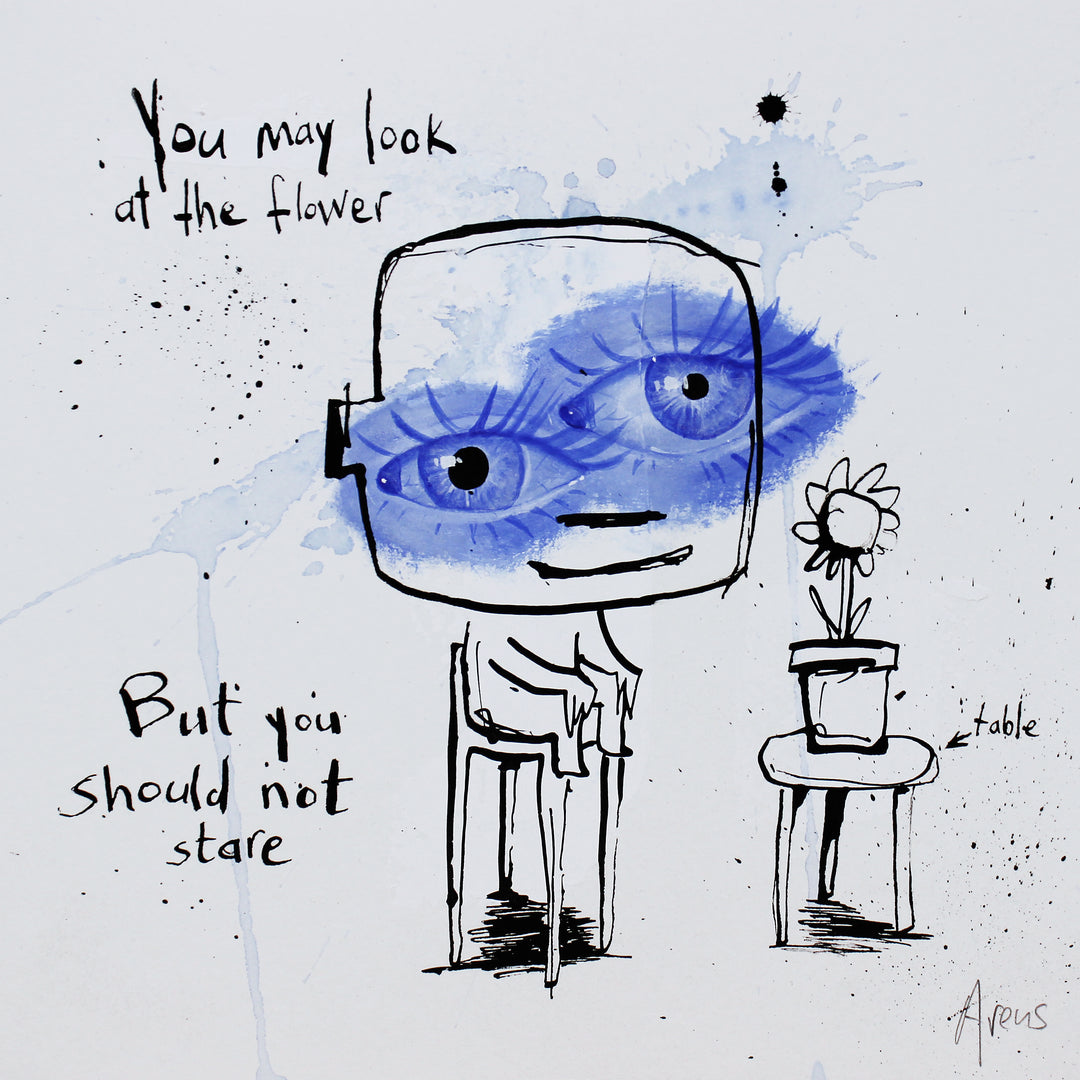 Comic doodle illustration in ink with blue eyes white background line drawing figures funny humor  flower