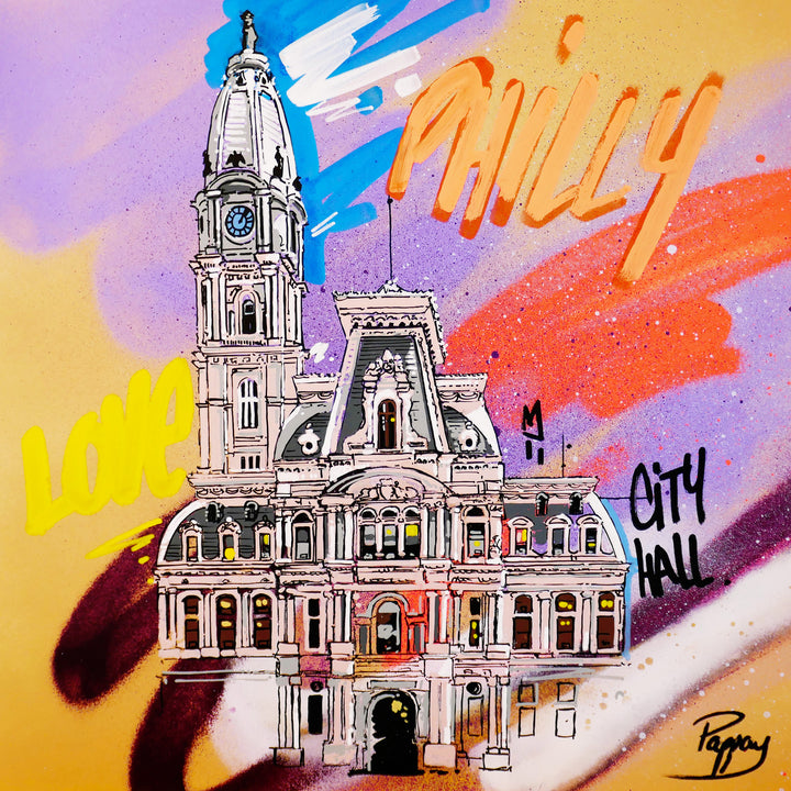 city hall illustration graphic and colorful spray paint graffiti with text on yellow orange and purple background