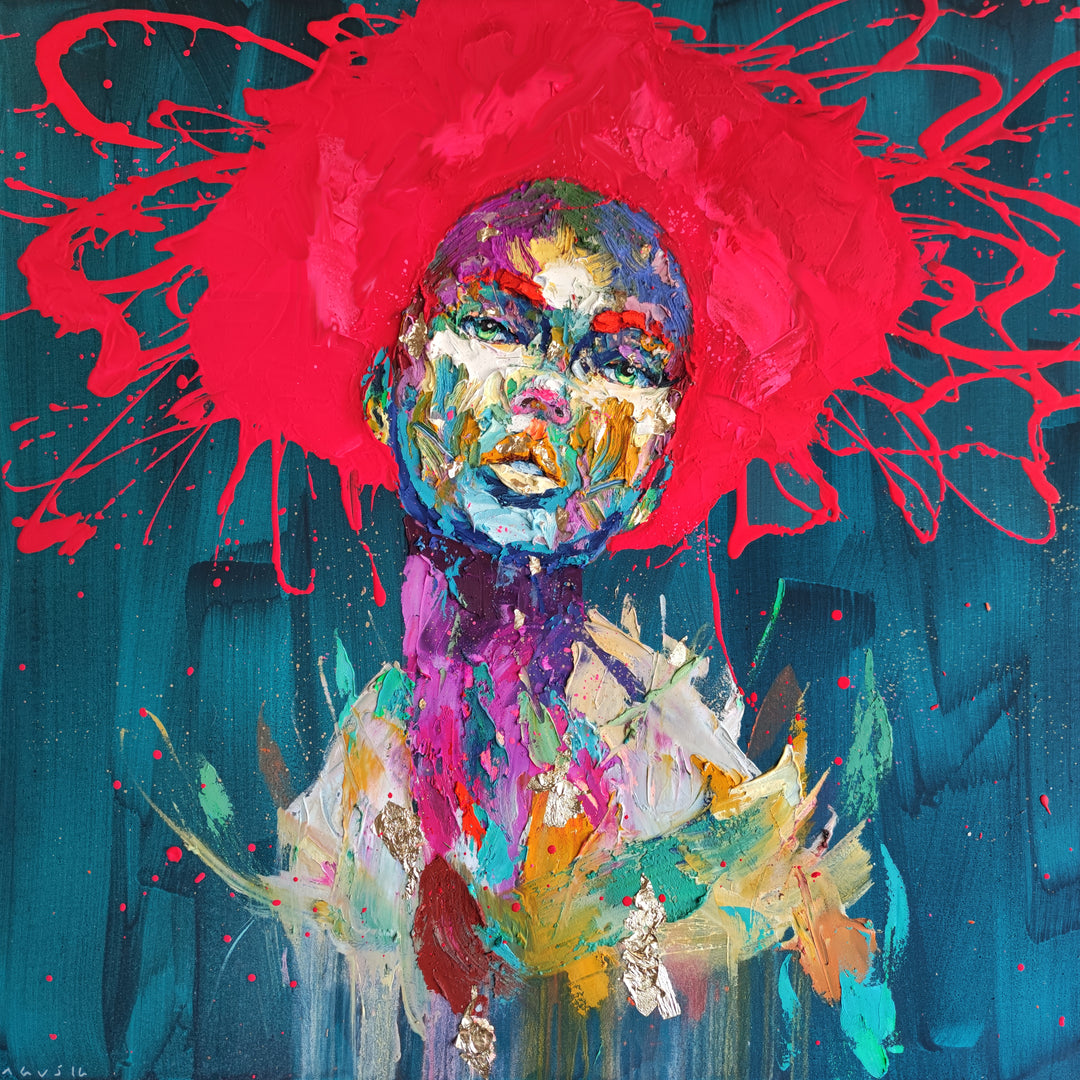 woman portrait green eyes red hair paint splattered palette knife expressionist and gold foil on blue background