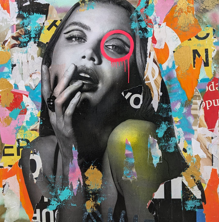36" x 36" Acrylic paint, spray paint, wheat-paste, vintage advertisements, printed fragments on canvas. A woman surrounded by colorful paper fragments with DAIN&