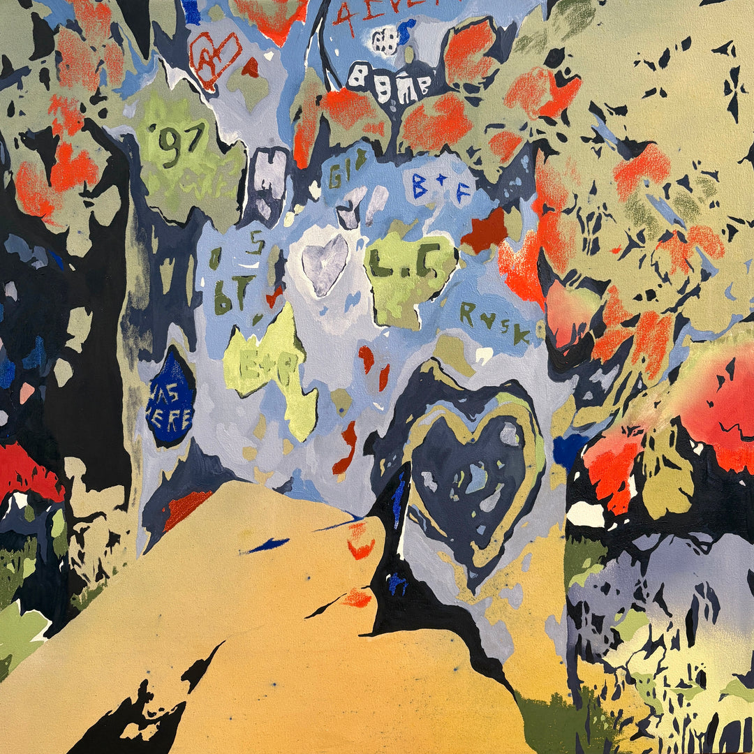 yellow and green dyed canvas with tree painting and carving of hearts and initials abbreviations leaves in orange hands holding knife to carve and plants in blue in background