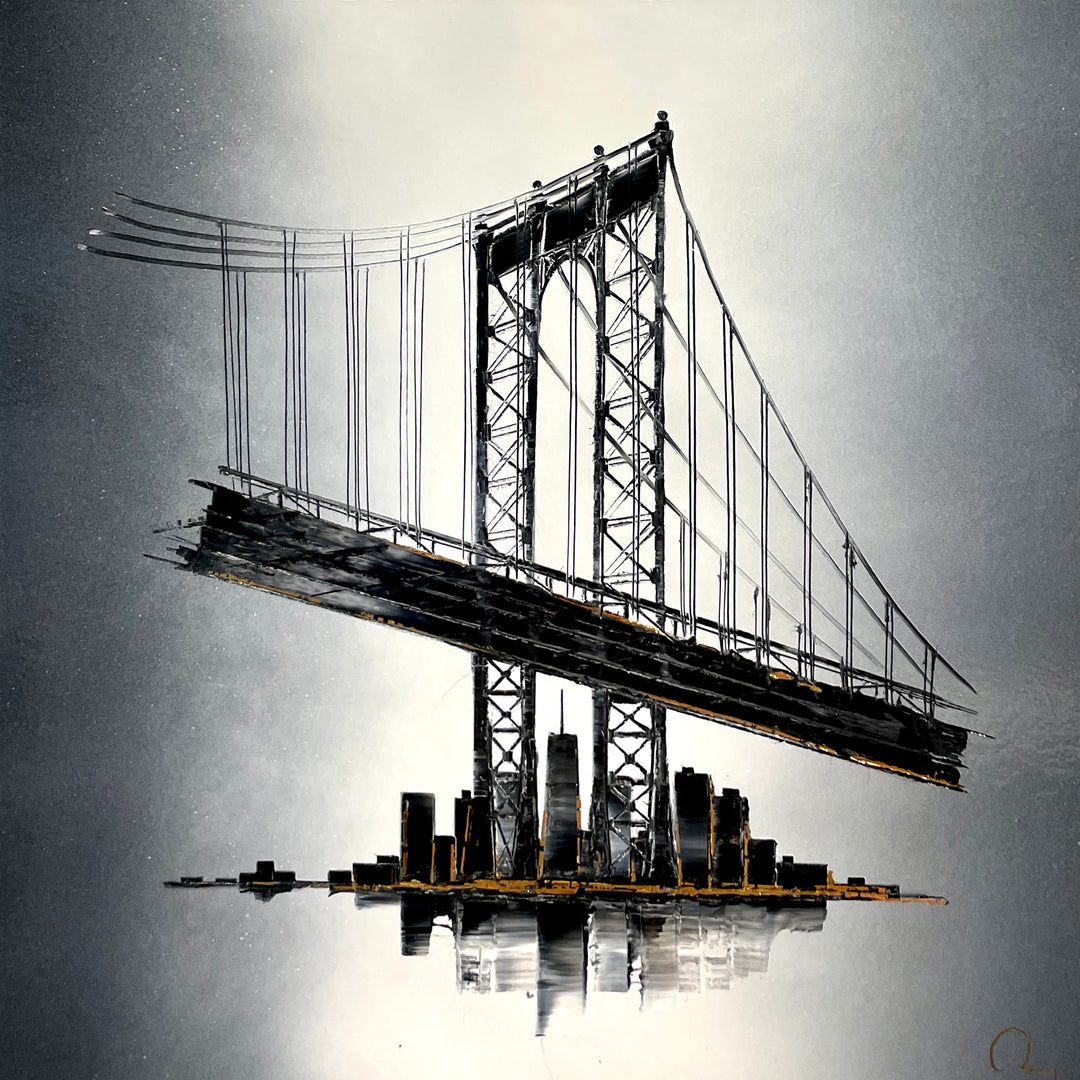 bridge section large black detailed above manhattan nyc city skyline with gold foil on cloudy grey background