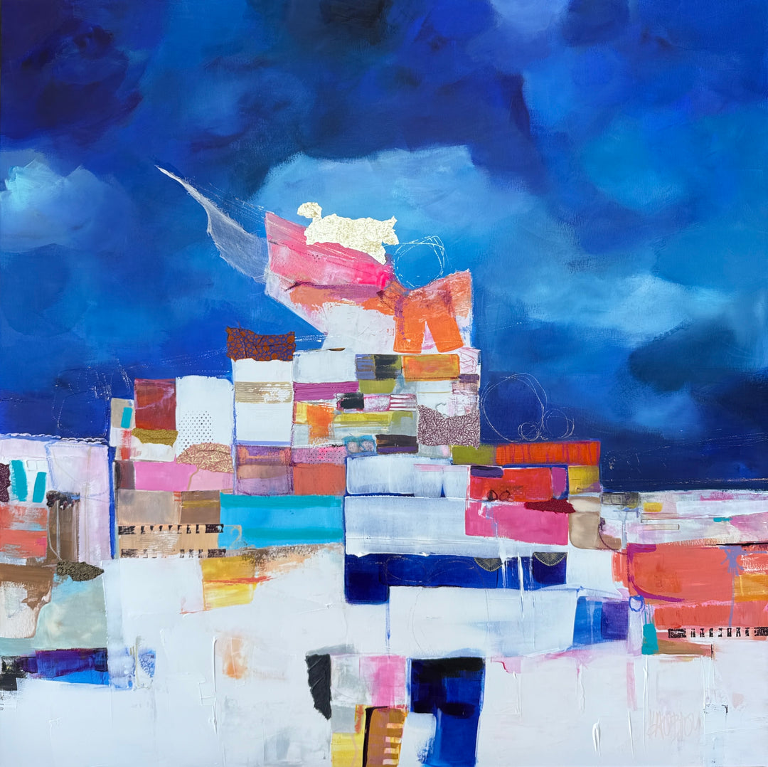 collage of paint fabric foil shapes built up in mountainous form in white pinks and orange on bright blue cloudy background abstract collage patterns 