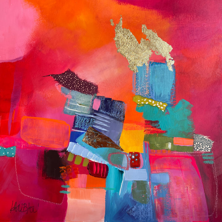 abstract collage of paint in organic shapes and fabric gold leaf graphite blue squares on pink cloudy background 
