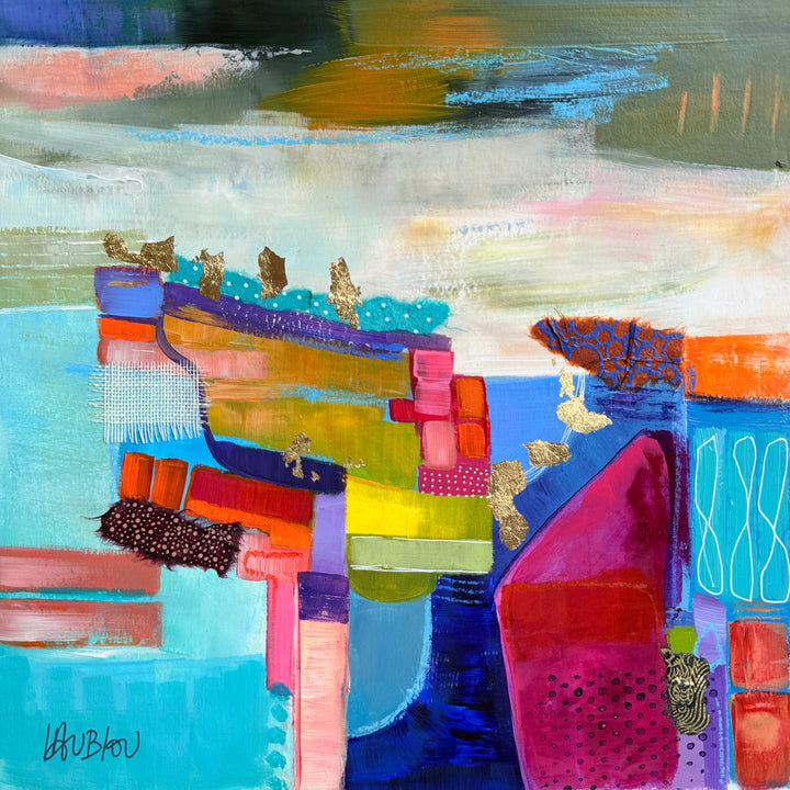 abstract collage mixed media acrylic paint graphite fabric textiles paper gold leaf polka dots pattern net in blue green pinks wish washy paint stroke background