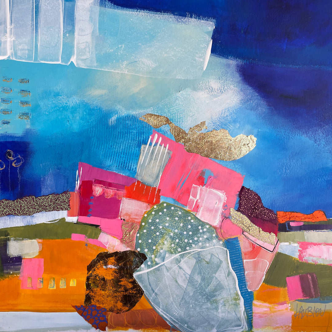 abstract collage expressionist pattern and mark making with paper fabric gold leaf acrylic paint and graphite stacked and overlapping transparent glazes on blue cloudy background