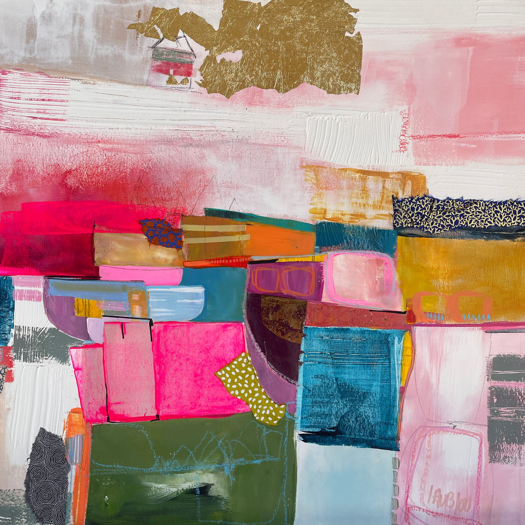 abstract geometric collage of square and semi circle shapes in fabric graphite acrylic paint gold leaf foil in pink green blue stacked and overlapping on pink and white bckground