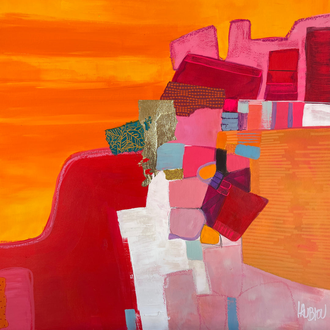 orange and pink abstract collage with paint marker fabric gold leaf foil graphite acrylic stacked shapes 