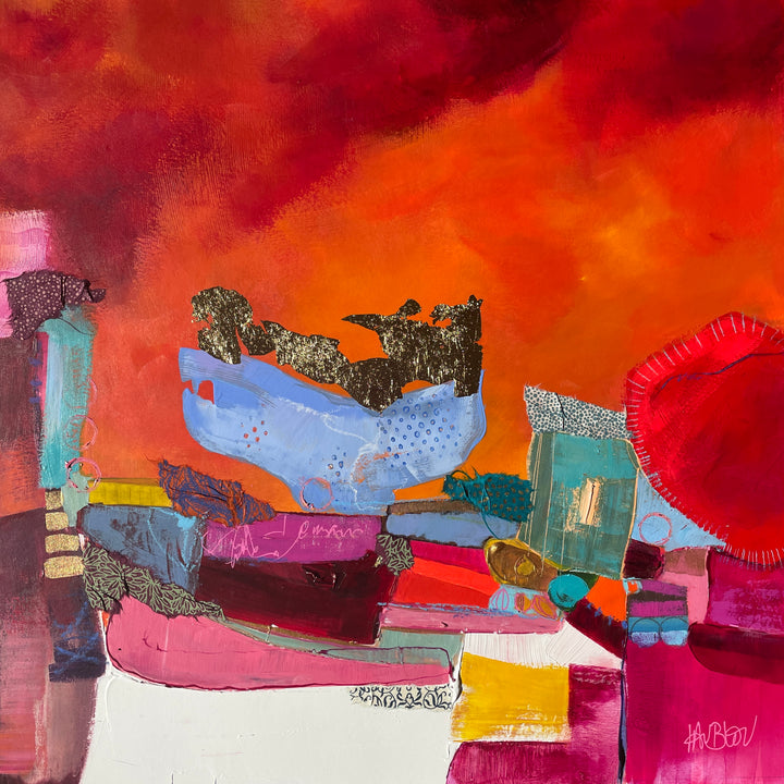Red abstract collage painting with blue and purple shapes and gold foil on red cloudy background