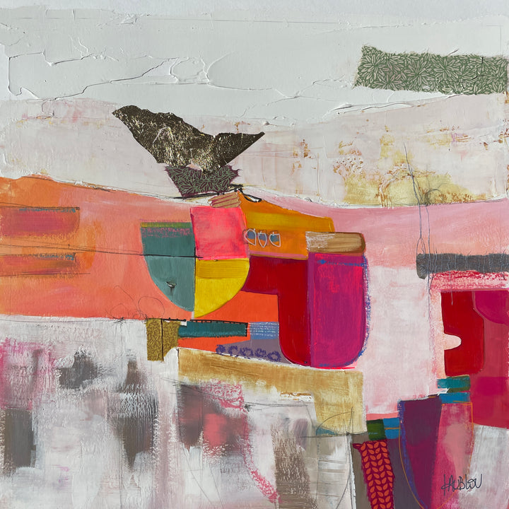 light colored abstract collage with fabric and paint and gold foil with texture  in white and pink acrylic