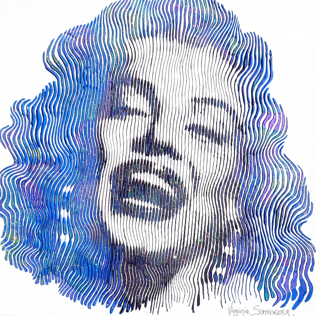 Marilyn Monroe female portrait in blue vertical lines optical illusion on white background