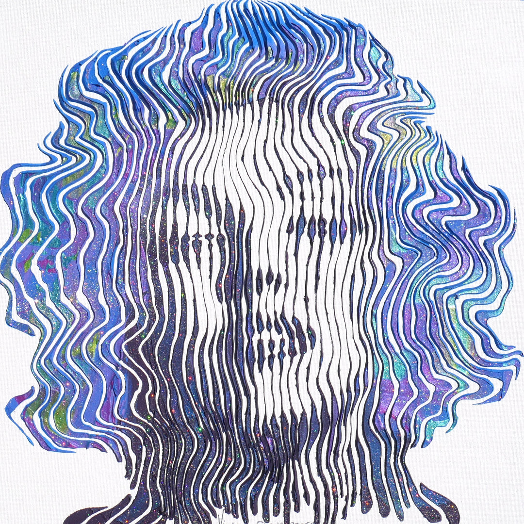 Marilyn Monroe portrait figurative painting in blue green and purple squiggle lines vertical on white background