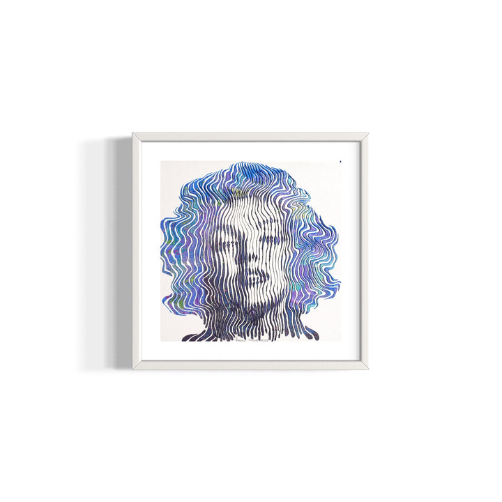 Marilyn Monroe portrait figurative painting in blue green and purple squiggle lines vertical on white background