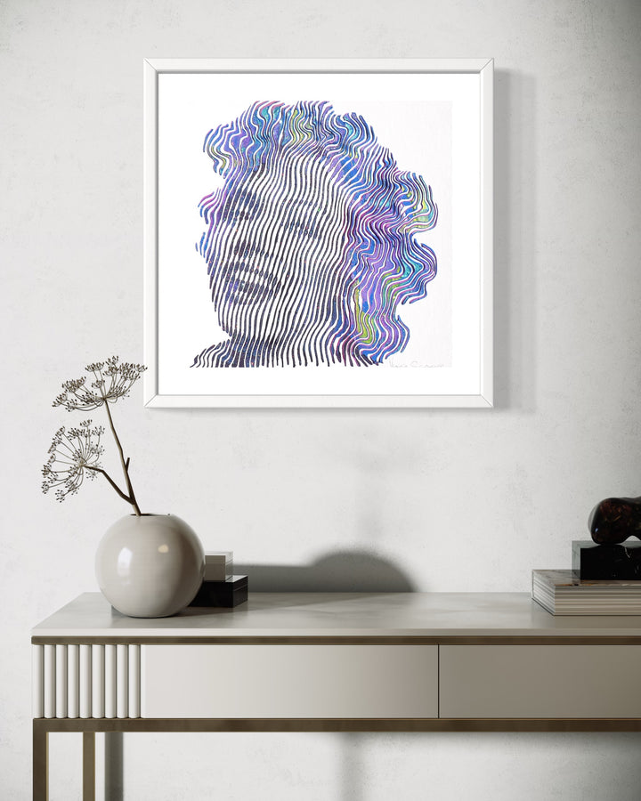 Marilyn Monroe smiling portrait figurative woman in blue green and purple vertical and squiggly lines on white background