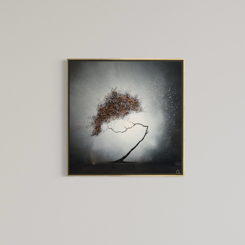 Julien Rey, Ma Provence, lacquer and gold leaf on board, 31 x 31 inches, framed in a thin gold frame and displayed on a plain wall.