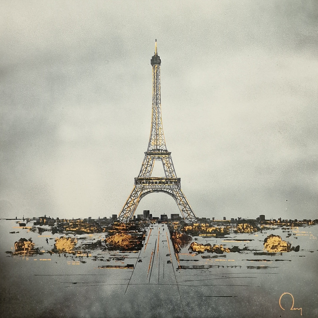 eiffel tower paris france landscape minimal greyscale black and white with gold leaf foil on clod grey background