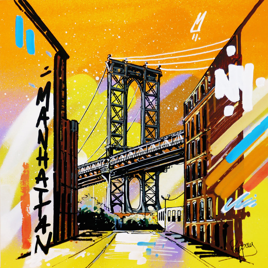 manhattan bridge illustration with buildings and graffiti flanking on orange yellow spray paint background