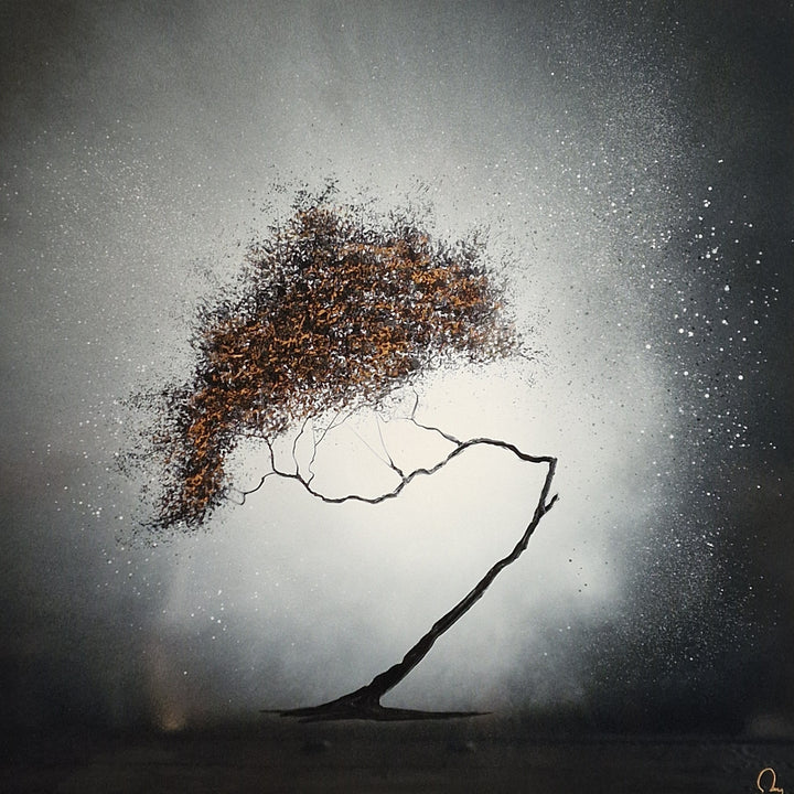 Julien Rey, Ma Provence, lacquer and gold leaf on board, 31 x 31 inches. A single windswept tree with a textured gold and brown canopy and a gnarled dark trunk bent low near the ground, set against a soft grey misty background.