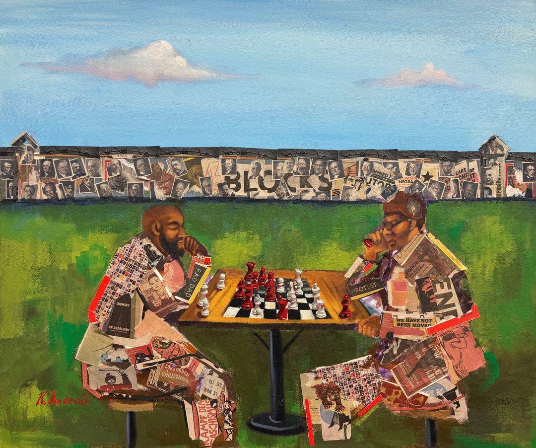 two men playing chess game outdoor court yard prison collage with magazine paper 