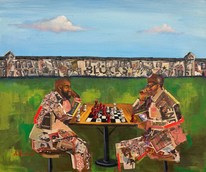 two men playing chess game outdoor court yard prison collage with magazine paper 